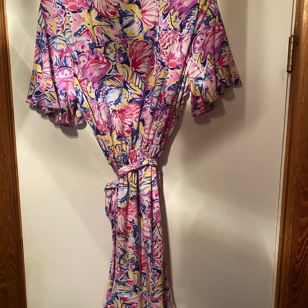 Pink Floral Wrap Dress with Blue & Yellow Accents - Picture 3 of 3